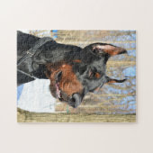 Doberman pinscher in de sneeuw legpuzzel (Horizontaal)