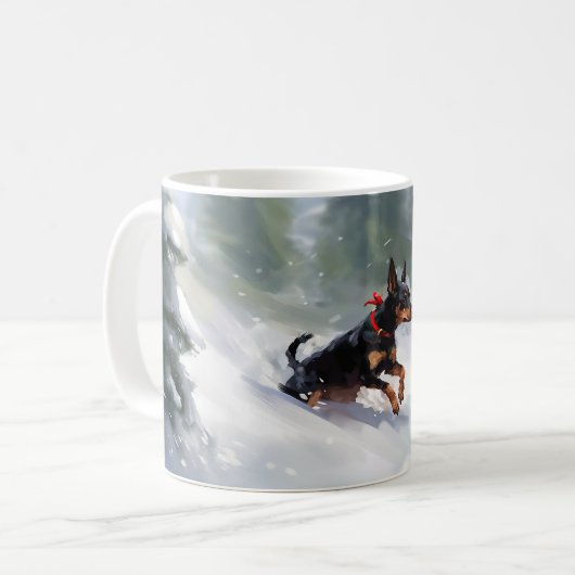 Doberman Pinscher Kerstsneeuw winter Koffiemok (Voorkant links)