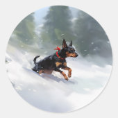 Doberman Pinscher Kerstsneeuw winter Ronde Sticker (Voorkant)