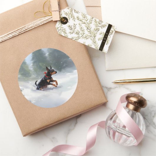 Doberman Pinscher Kerstsneeuw winter Ronde Sticker (Geschenken)