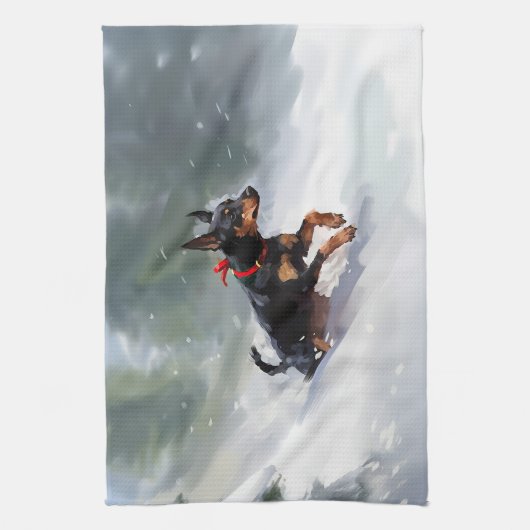 Doberman Pinscher Kerstsneeuw winter Theedoek (Verticaal)