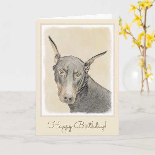 Doberman Pinscher Painting - Originele Dog Art Kaart (Gele Bloem)