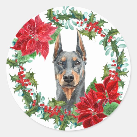 Doberman Pinscher Poinsettia Holly Holiday Wreath Ronde Sticker (Voorkant)
