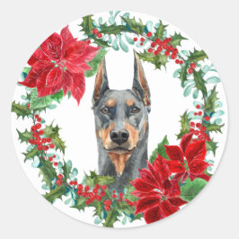 Doberman Pinscher Poinsettia Holly Holiday Wreath Ronde Sticker