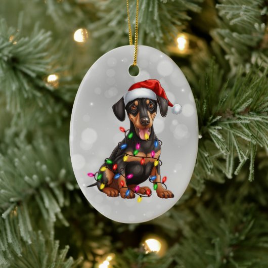 Doberman Pinscher Puppy in kerstverlichting Keramisch Ornament (Boom)