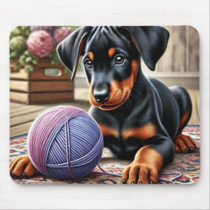 Doberman Pinscher Puppy met garenbal op een tapijt Muismat
