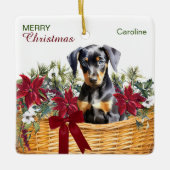 Doberman Pinscher Puppy Poinsettia Vakantiemand Keramisch Ornament (Voorkant)