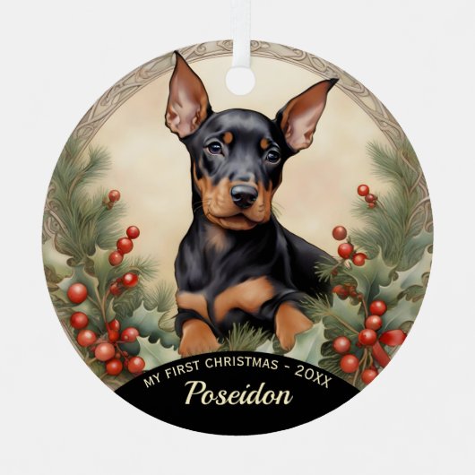 Doberman Pinscher Puppy's Eerste Kerst Ornament (Voorkant)