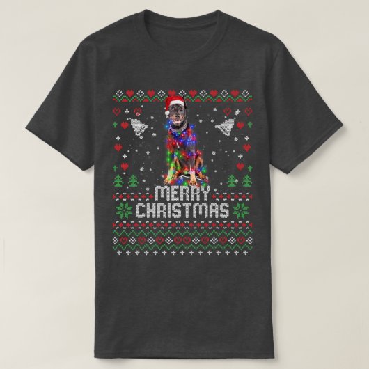 Doberman Pinscher Santa Hat Dog kerstboom Lig T-shirt (Design voorkant)