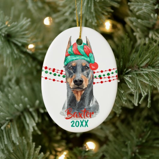 Doberman Pinscher Santa Hat Holiday String Beads Keramisch Ornament (Boom)