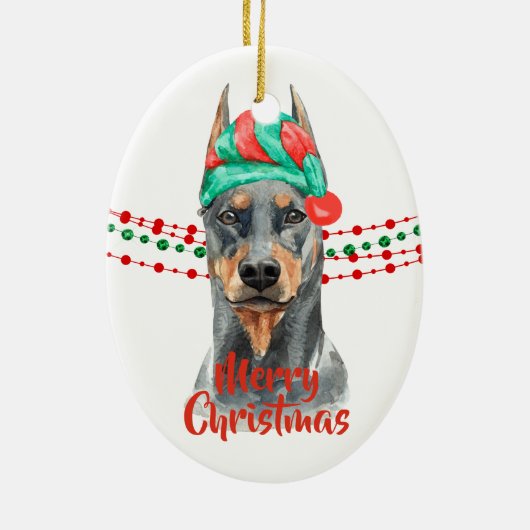 Doberman Pinscher Santa Hat Holiday String Beads Keramisch Ornament (Achterkant)
