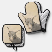Doberman Pinscher schilderij Dobie bijgesneden hon Ovenwant & Pannenlap Set (Voorkant / Achterkant)