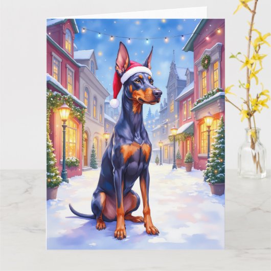 Doberman Pinscher Snowy Village Santa Hat Christma Kaart (Gele Bloem)