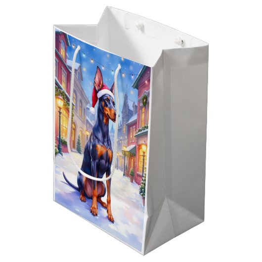 Doberman Pinscher Snowy Village Santa Hat Christma Medium Cadeauzakje (Voorkant Gekanteld)