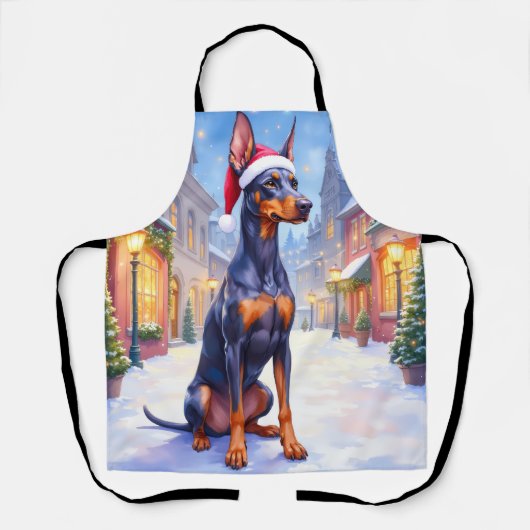 Doberman Pinscher Snowy Village Santa Hat Christma Schort (Voorkant)