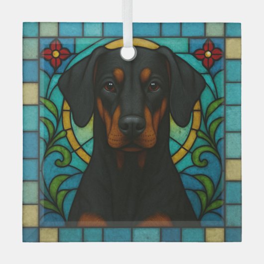 Doberman Pinscher Uncropped Dog "Glas in lood" Glas Ornament (Voorkant)