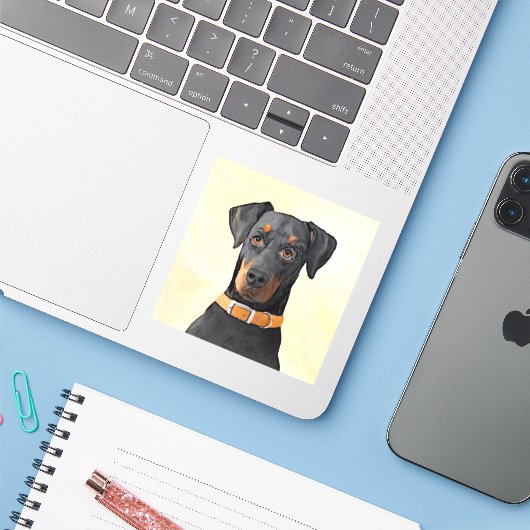 Doberman Pinscher Uncropped schilderij originele k Sticker (Laptop met iPhone)