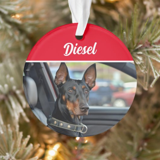 Doberman Pinscher with Name and Photo Christmas Ornament (Boom)