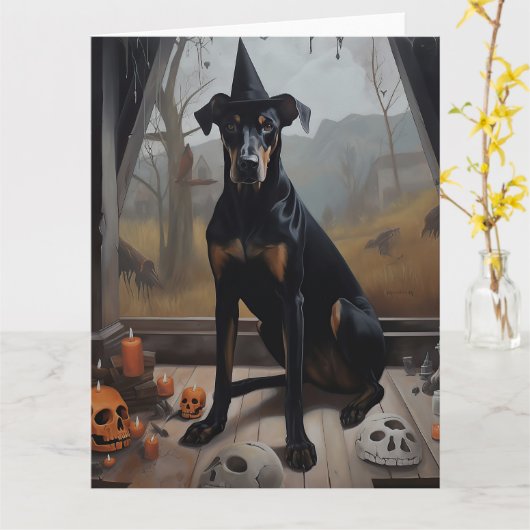 Doberman pompoenen Halloween eng Kaart (Gele Bloem)