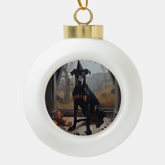 Doberman pompoenen Halloween eng Keramische Bal Ornament (Voorkant)