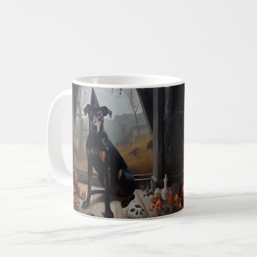 Doberman pompoenen Halloween eng Koffiemok (Voorkant links)