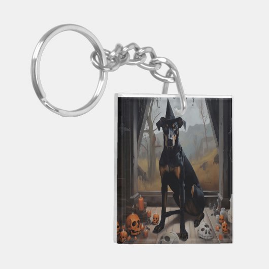 Doberman pompoenen Halloween eng Sleutelhanger (Voorkant Links)