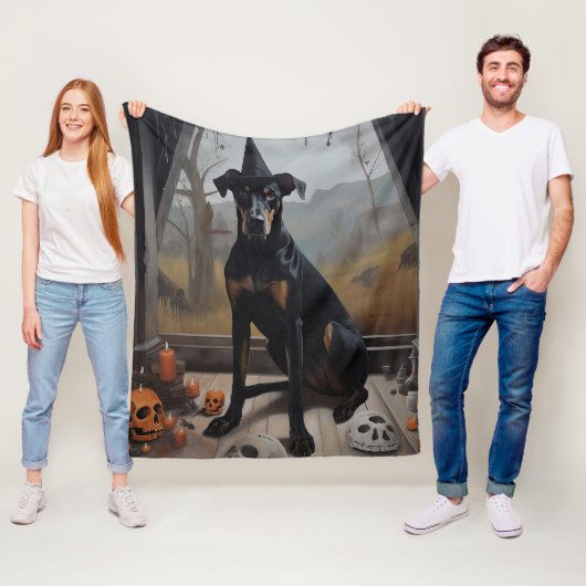 Doberman Pompoenen Halloween Griezelen Fleece Deken (In situ)