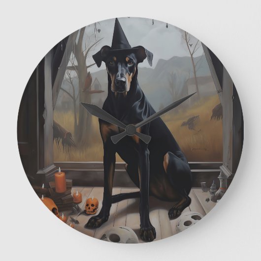 Doberman Pompoenen Halloween Griezelen Grote Klok (Voorkant)