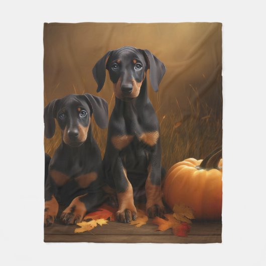 Doberman Puppy Herfst Delight Pompoen Fleece Deken (Voorkant)