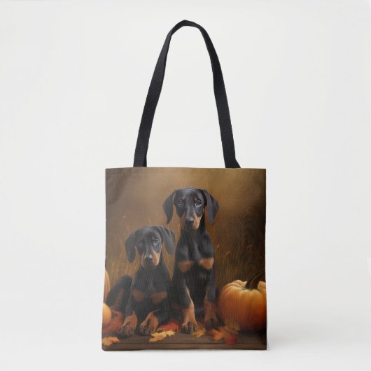 Doberman Puppy Herfst Delight Pompoen Tote Bag (Voorkant)