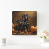 Doberman Puppy Herfst Delight Pompoen Vierkante Klok (Huis)