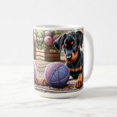 Doberman puppy met garenbal op een kleurrijk tapij koffiemok (Voorkant rechts)