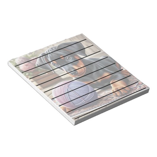 Doberman puppy met garenbal op een kleurrijk tapij notitieblok (Schuin)