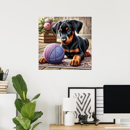 Doberman puppy met garenbal op een kleurrijk tapij poster (Thuiskantoor)
