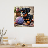 Doberman puppy met garenbal op een kleurrijk tapij poster (Keuken)