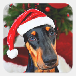 Doberman Santa Hat Vierkante Sticker