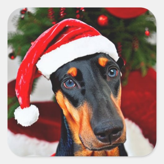 Doberman Santa Hat Vierkante Sticker (Voorkant)