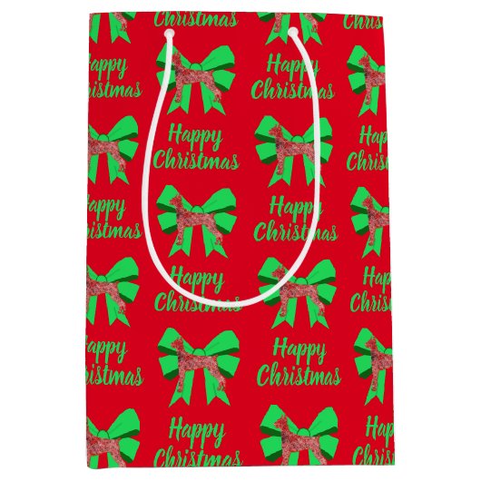 Doberman Silhouette Red Kersthond en Green Bow Medium Cadeauzakje (Voorkant)