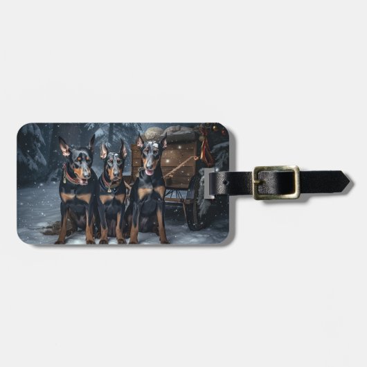 Doberman Snowy Sleigh Kerstdecoratie Bagagelabel (Voorkant horizontaal)