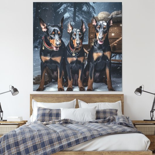 Doberman Snowy Sleigh Kerstdecoratie Canvas Afdruk (Insitu (Slaapkamer))