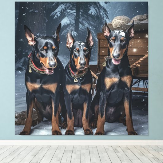 Doberman Snowy Sleigh Kerstdecoratie Canvas Afdruk (Insitu (Houten vloer))