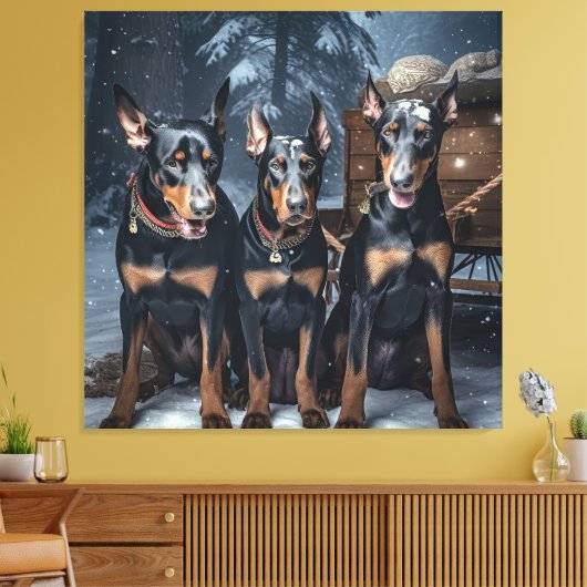 Doberman Snowy Sleigh Kerstdecoratie Canvas Afdruk (Insitu (Woonkamer))