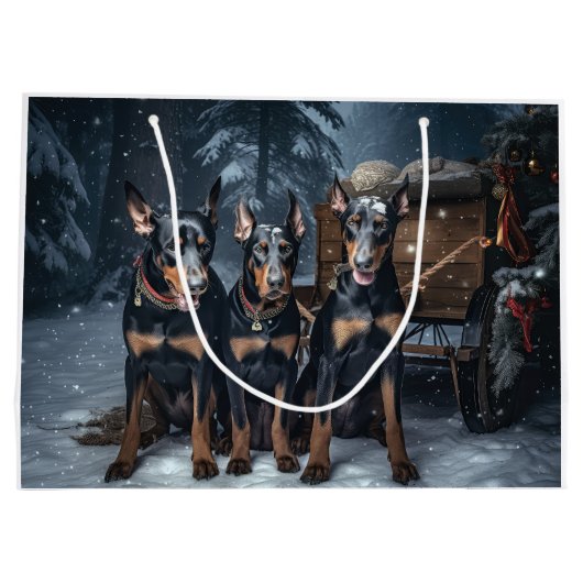 Doberman Snowy Sleigh Kerstdecoratie Groot Cadeauzakje (Achterkant)