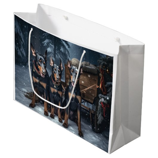 Doberman Snowy Sleigh Kerstdecoratie Groot Cadeauzakje (Voorkant Gekanteld)