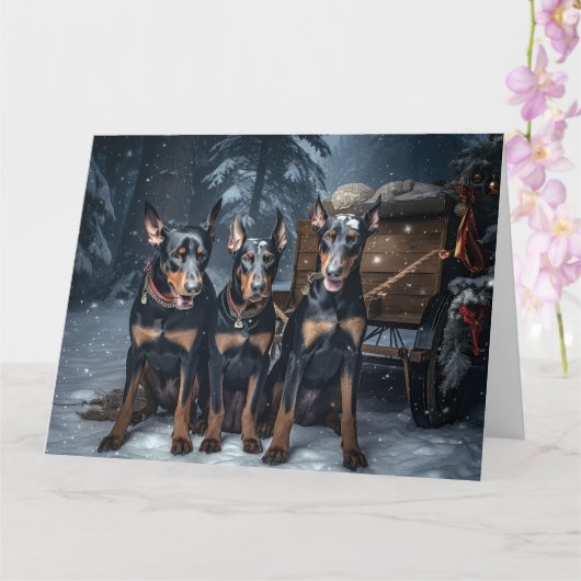 Doberman Snowy Sleigh Kerstdecoratie Kaart (Orchidee)