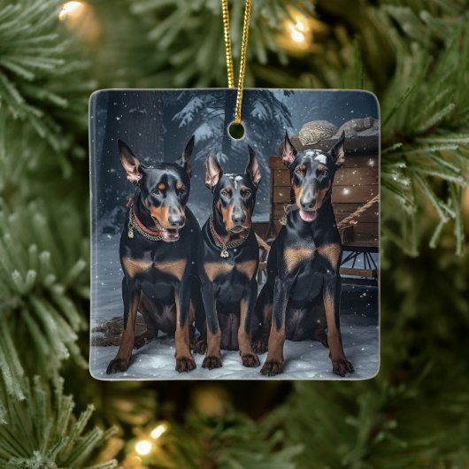 Doberman Snowy Sleigh Kerstdecoratie Keramisch Ornament (Boom)