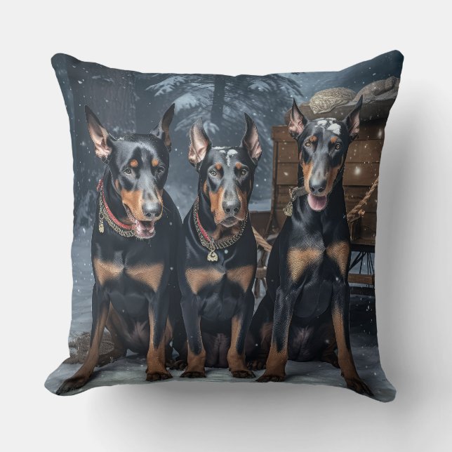 Doberman Snowy Sleigh Kerstdecoratie Kussen (Voorkant)
