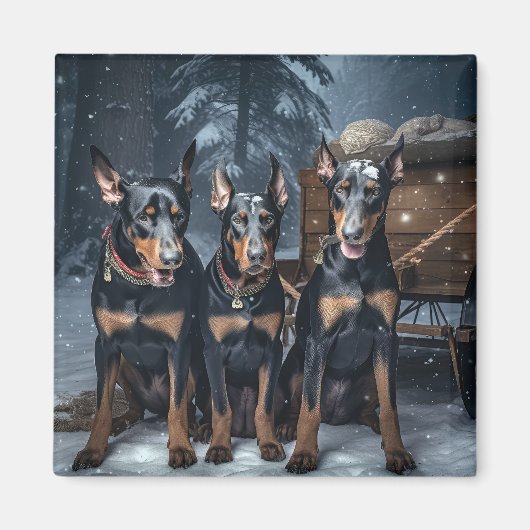 Doberman Snowy Sleigh Kerstdecoratie Magneet (Voorkant)