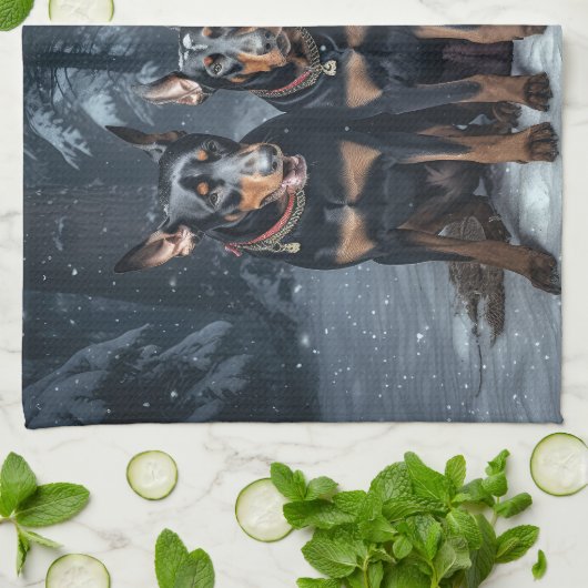 Doberman Snowy Sleigh Kerstdecoratie Theedoek