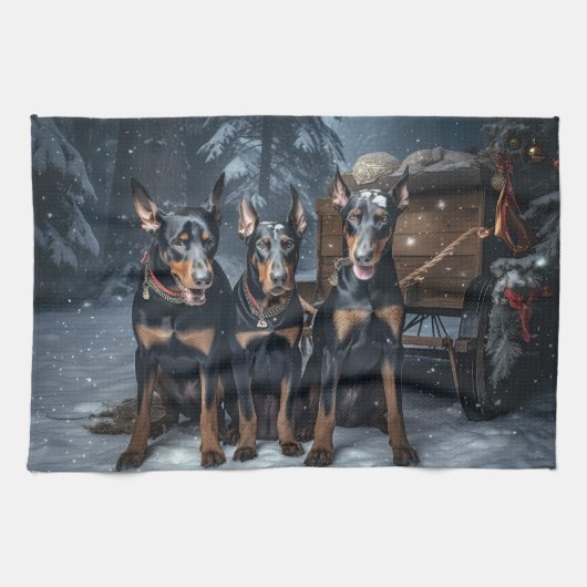 Doberman Snowy Sleigh Kerstdecoratie Theedoek (Horizontaal)